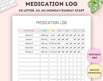 Editable Medication Log|Printable Supplement Tracking Sheet|Medication Tracker|Medication Schedule|Medication List|A4/A5/Letter