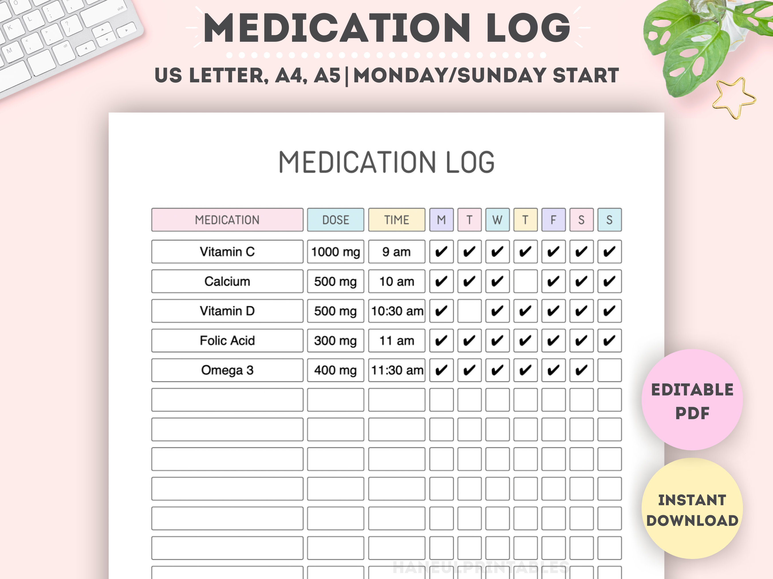 Editable Medication Log|printable Supplement Tracking Sheet|medication ...