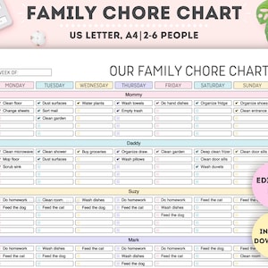 Bewerkbaar overzicht gezinstaken | Afdrukbare wekelijkse takenlijst | Takenschema kinderen, volwassenen | Schoonmaakschema, schoonmaakplanner, checklist | Pdf
