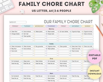 Editable Family Chore Chart: Weekly Cleaning Schedule (PDF)