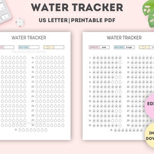 Könnte beinhalten: Druckbarer Wasser-Tracker mit einem hellblauen, rosa und gelben Farbschema. Der Tracker hat einen Bereich für den Monat, das tägliche Ziel und ein Raster mit Regentropfen, um die Wasseraufnahme zu verfolgen. Der Text "Editierbares PDF" und "Sofortiger Download" befindet sich in der unteren rechten Ecke.