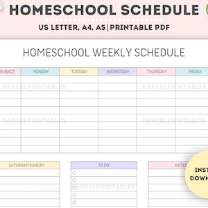 Printable Homeschool Weekly Schedule|Homeschool Planner|School Planner|A4/A5/Letter