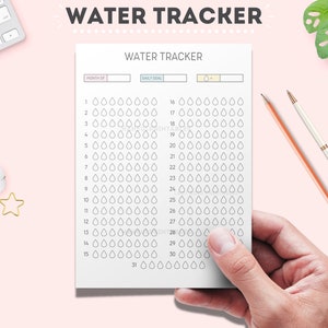 May include: A printable water tracker with a simple design. The tracker has a space for the month and daily goal. The tracker is filled with water drop icons to track daily water intake.