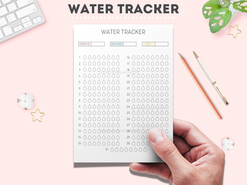 May include: A printable water tracker with a simple design. The tracker has a space for the month and daily goal. The tracker is filled with water drop icons to track daily water intake.