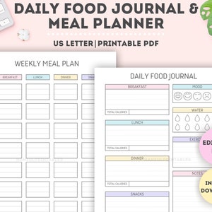 Bewerkbaar dagelijks voedseldagboek|Bewerkbare wekelijkse maaltijdplanner|Afdrukbaar voedseldagboek|Afdrukbaar maaltijddagboek|Maaltijdtracker|Calorietracker|US Letter