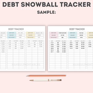 May include: A printable debt tracker worksheet with a sample filled out. The worksheet is divided into three sections: credit card debt, car loan, and personal loan. Each section has columns for date, payment, and balance. The sample shows a balance of $1,750 for the credit card debt, $5,000 for the car loan, and $2,500 for the personal loan.