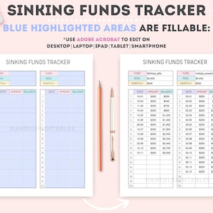 May include: A printable sinking funds tracker with two columns. Each column has a section for fund name, goal amount, monthly amount, date, amount, and balance. The first column is for birthday gifts and the second column is for holiday presents. The tracker is designed to help people save money for specific goals.