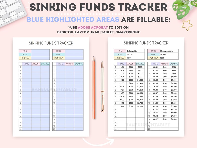 May include: A printable sinking funds tracker with two columns. Each column has a section for fund name, goal amount, monthly amount, date, amount, and balance. The first column is for birthday gifts and the second column is for holiday presents. The tracker is designed to help people save money for specific goals.