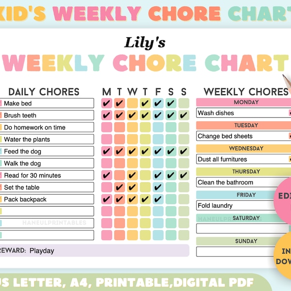 Tabla de tareas semanales editable para niños: Lista de responsabilidades (tamaño carta, A4) (Descarga digital)