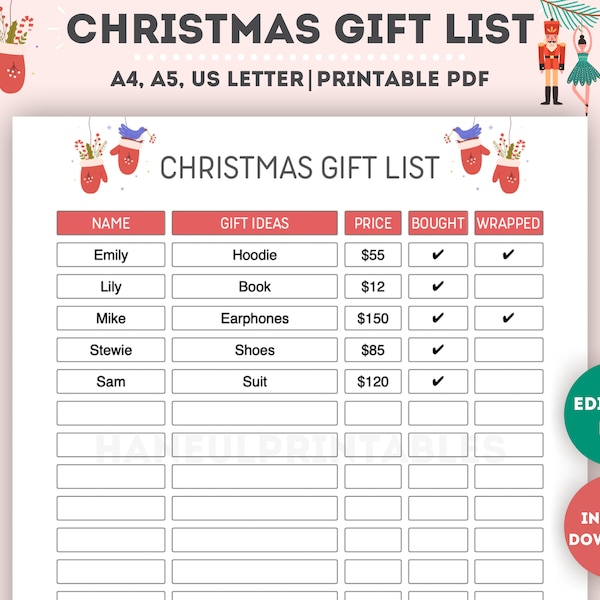 Editable Christmas Gift List|Printable Christmas Gift Tracker|Christmas Gift Checklist|Christmas Planner|Christmas To Do List|A4/A5/Letter