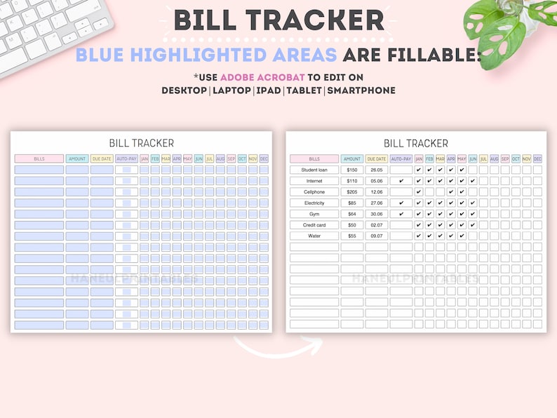 May include: A printable bill tracker with blue highlighted areas for filling in information. The tracker includes sections for bills, amounts, due dates, auto pay, and monthly payments from January to December. The text "BILL TRACKER" appears at the top of the page.
