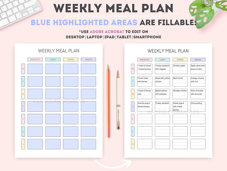 May include: A printable weekly meal planner with blue highlighted areas for filling in meals. The planner is divided into sections for breakfast, lunch, dinner, and snacks. The days of the week are listed on the left side of the planner.