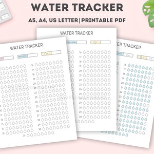 May include: Printable water tracker with a grid of raindrops for each day of the month. The tracker has a space for a daily goal and a month of the year. The tracker is in black and white with light blue accents.