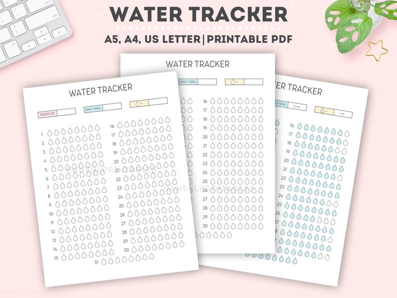 May include: Printable water tracker with a grid of raindrops for each day of the month. The tracker has a space for a daily goal and a month of the year. The tracker is in black and white with light blue accents.