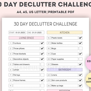 Editable 30 day Declutter Challenge|Printable Declutter Challenge|Cleaning Planner Schedule|Home Cleaning Checklist|A4/A5/Letter