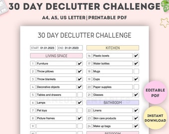Desafio de organização editável de 30 dias|Desafio de organização para impressão|Cronograma do planejador de limpeza|Lista de verificação de limpeza doméstica|A4/A5/Carta