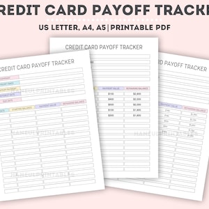 May include: Printable credit card payoff tracker with sections for company, amount owed, minimum payment, interest rate, due date, starting balance, payment value, and remaining balance. The tracker is designed to help you pay off your credit card debt.