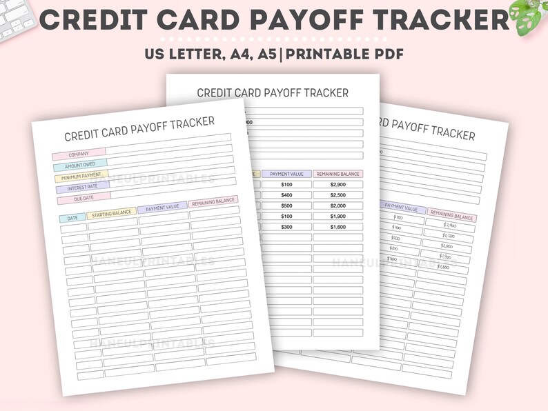 May include: Printable credit card payoff tracker with sections for company, amount owed, minimum payment, interest rate, due date, starting balance, payment value, and remaining balance. The tracker is designed to help you pay off your credit card debt.