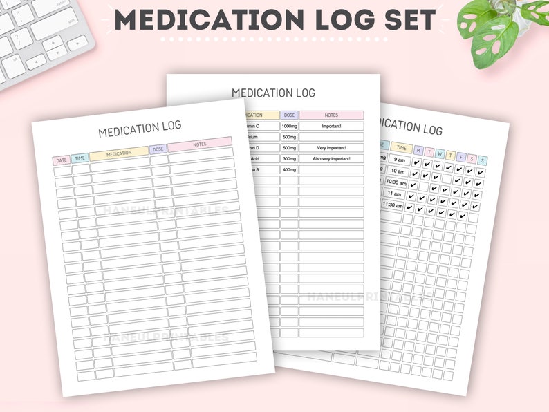 May include: Three printable medication log sheets. The first sheet has columns for date, time, medication, dose, and notes. The second sheet has columns for medication, dose, and notes. The third sheet has columns for time and days of the week, with checkboxes for each day.