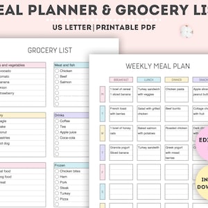 Editable Meal Planner and Grocery List|Printable Meal Planner and Grocery List|Shopping List|Grocery Checklist|Weekly Food Diary|US Letter