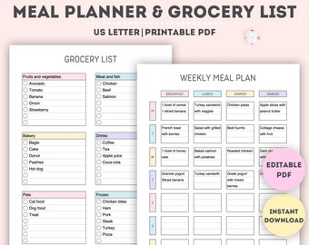 Editable Meal Planner and Grocery List|Printable Meal Planner and Grocery List|Shopping List|Grocery Checklist|Weekly Food Diary|US Letter