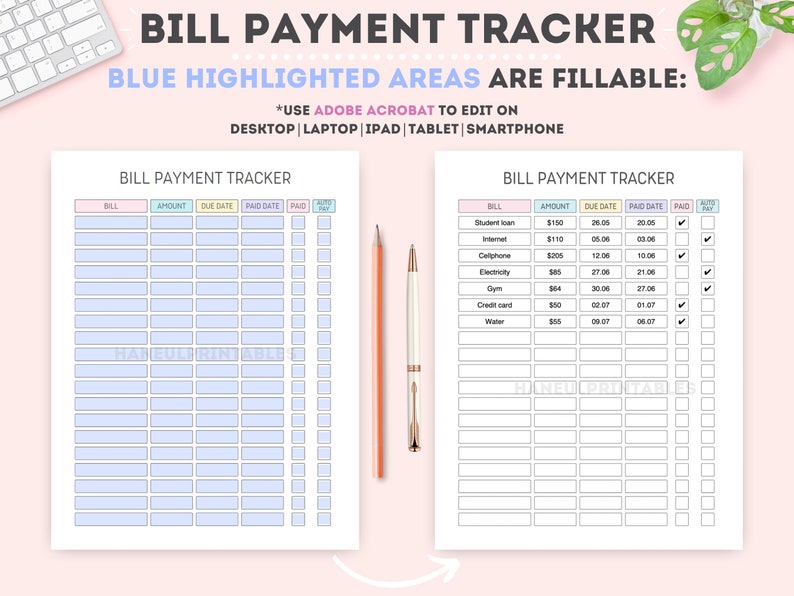 May include: Two printable bill payment trackers with blue highlighted areas. The text reads "BILL PAYMENT TRACKER" and "BLUE HIGHLIGHTED AREAS ARE FILLABLE." The trackers include columns for bill, amount, due date, paid date, and paid status.