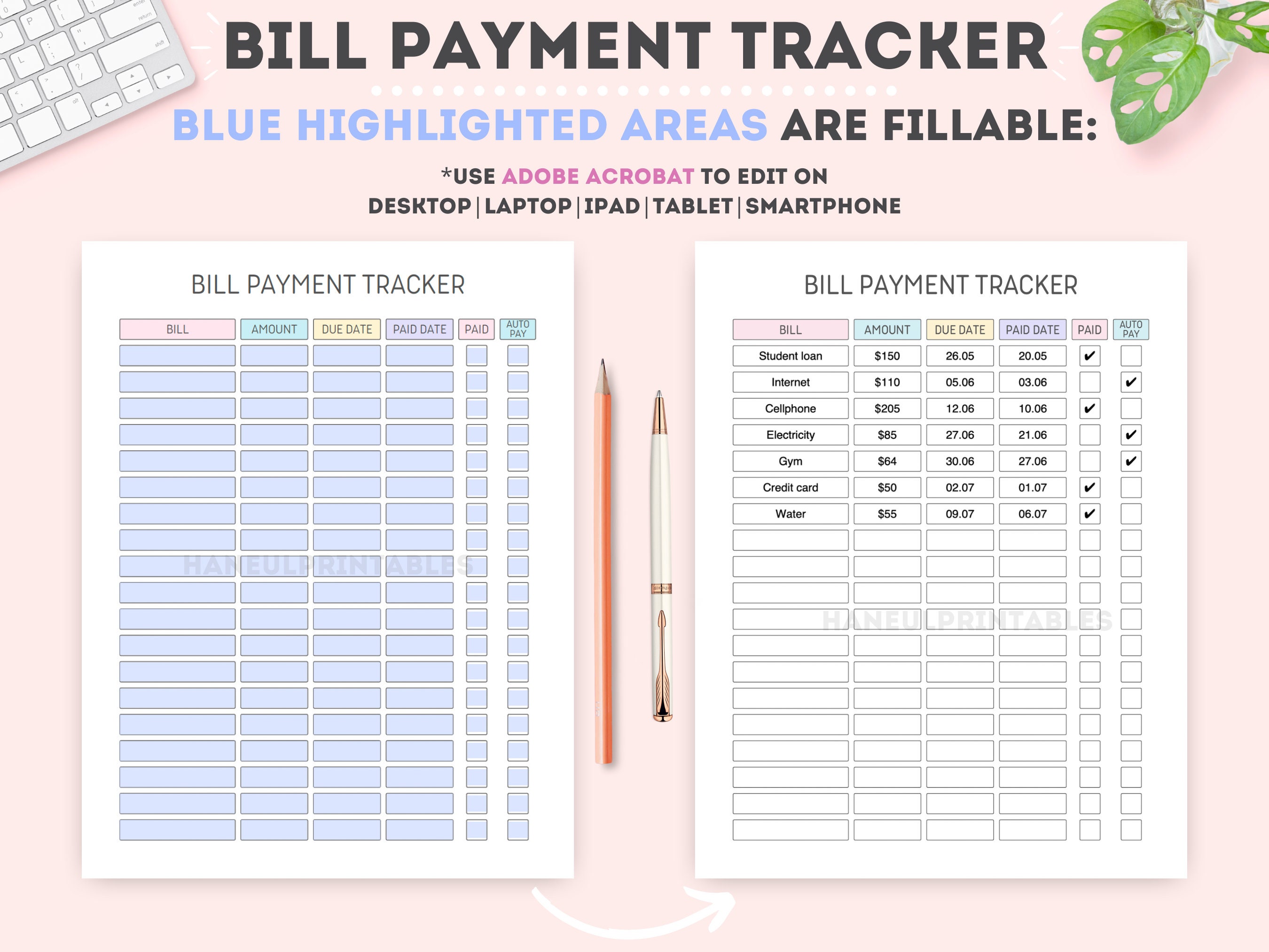 Editable Bill Payment Tracker: Printable Monthly Expense Checklist (a4 ...