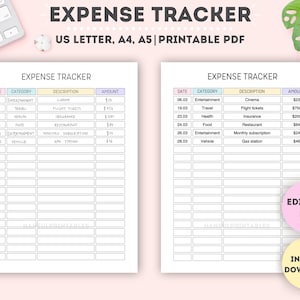 Rastreador de gastos editable/Rastreador de gastos imprimible/Registro de compras/Planificador financiero/Hoja de gastos diarios/Registrador de compras/A4/A5/Carta