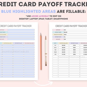 May include: A printable credit card payoff tracker with blue highlighted areas for filling in information. The tracker includes sections for company, amount owed, minimum payment, interest rate, due date, date, starting balance, payment value, and remaining balance. The tracker is designed to help users track their progress in paying off their credit card debt.