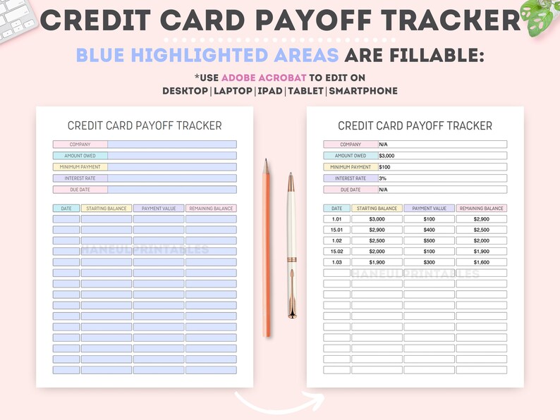 May include: A printable credit card payoff tracker with blue highlighted areas for filling in information. The tracker includes sections for company, amount owed, minimum payment, interest rate, due date, date, starting balance, payment value, and remaining balance. The tracker is designed to help users track their progress in paying off their credit card debt.