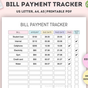 Editable Monthly Bill Payment Tracker|Printable Bill Payment Checklist|Bill Planner|Monthly Bill Log|Expense Tracker|A4/A5/Letter
