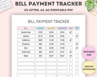 Editable Monthly Bill Payment Tracker|Printable Bill Payment Checklist|Bill Planner|Monthly Bill Log|Expense Tracker|A4/A5/Letter