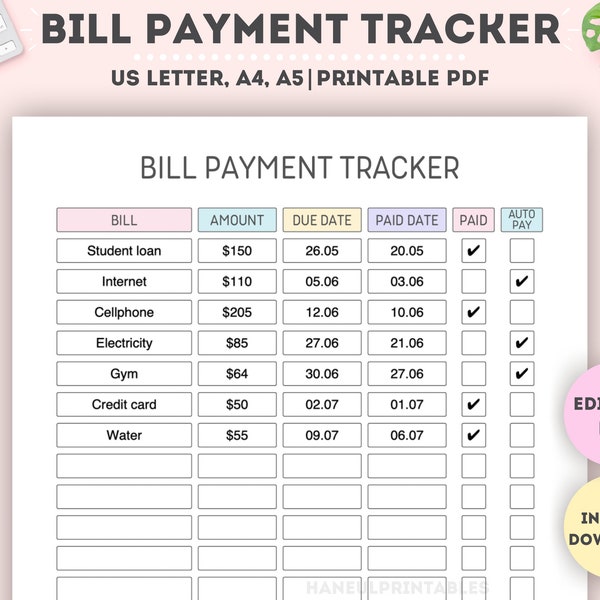 Bewerkbare maandelijkse factuurbetalingstracker | Afdrukbare factuurbetalingscontrolelijst | Bill Planner | Maandelijks factuurlogboek | Onkostentracker | A4/A5/Letter