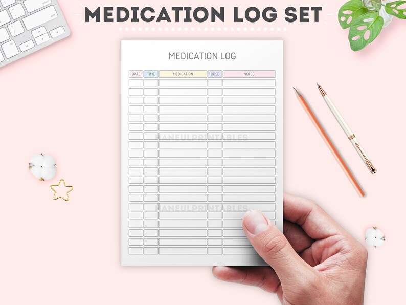May include: A printable medication log sheet with columns for date, time, medication, dose, and notes. The sheet is white with light blue, pink, and yellow accents.