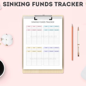 May include: A printable sinking funds tracker with four columns for fund, goal, monthly, and balance. The tracker has two sections, each with 10 rows for recording dates, amounts, and balances.