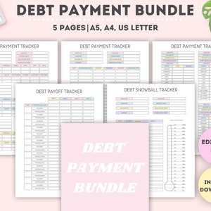 Puede incluir: Un paquete de pago de deudas imprimible con cinco páginas, que incluye un rastreador de pago de deudas, un rastreador de pago de deudas y un rastreador de bola de nieve de deudas. Las páginas están diseñadas con colores pastel e incluyen un gráfico de termómetro para realizar un seguimiento del progreso.