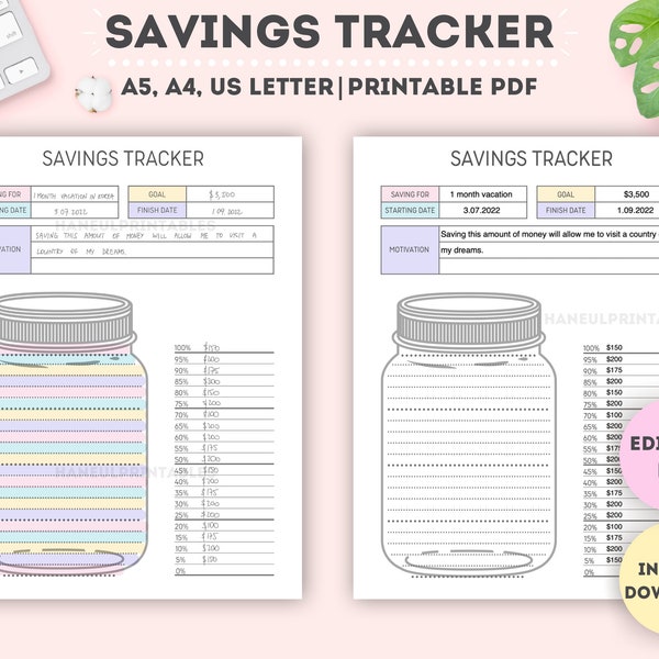 Editable Mason Jar Savings Tracker|Editable Savings Log|Money Tracker|Savings Challenge|Finance Tracker|A4/A5/Letter