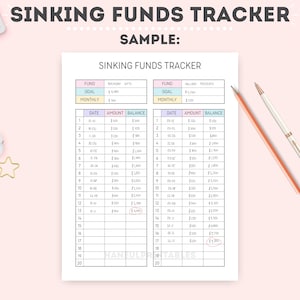 May include: A printable sinking funds tracker with a sample filled out. The tracker has columns for date, amount, and balance. The sample shows a goal of $1,000 and a monthly contribution of $100.