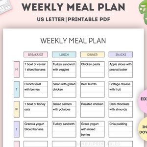 Editable Weekly Meal Plan|Printable Weekly Meal Plan|Digital Weekly Meal Plan|Meal Prep Planner|Weekly Food Diary|US Letter