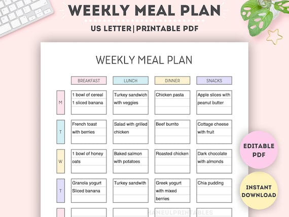 Editable Weekly Meal Plan: Printable Food Diary (US Letter) (PDF)