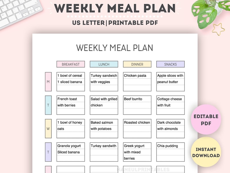 May include: A printable weekly meal planner with a pink background. The planner is divided into four columns: breakfast, lunch, dinner, and snacks. Each column has a space for seven days of the week: Monday, Tuesday, Wednesday, Thursday, Friday, Saturday, and Sunday. The planner is labeled "Editable PDF" and "Instant Download".