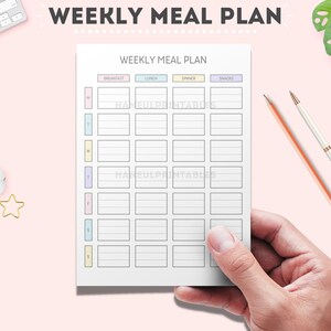 May include: A printable weekly meal planner with sections for breakfast, lunch, dinner, and snacks. The planner is divided into days of the week, Monday through Sunday, with each day having a separate column for each meal category.