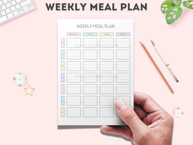 May include: A printable weekly meal planner with sections for breakfast, lunch, dinner, and snacks. The planner is divided into days of the week, Monday through Sunday, with each day having a separate column for each meal category.