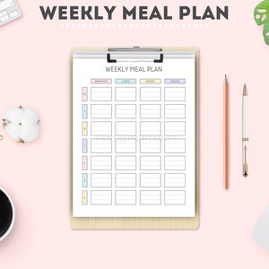 May include: A printable weekly meal planner with a light pink background. The planner is divided into five columns: Breakfast, Lunch, Dinner, Snacks, and Days of the Week. The days of the week are labeled with pastel colored stripes: Monday, Tuesday, Wednesday, Thursday, Friday, Saturday, and Sunday.