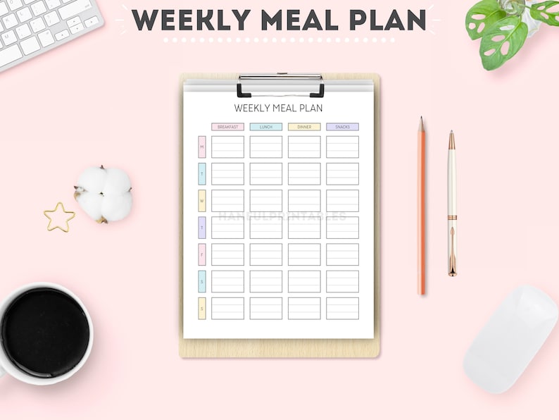 May include: A printable weekly meal planner with a light pink background. The planner is divided into five columns: Breakfast, Lunch, Dinner, Snacks, and Days of the Week. The days of the week are labeled with pastel colored stripes: Monday, Tuesday, Wednesday, Thursday, Friday, Saturday, and Sunday.