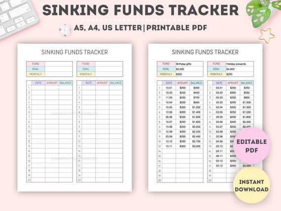 Editable Sinking Funds Tracker Printable: A4, A5, Letter (Fillable PDF)