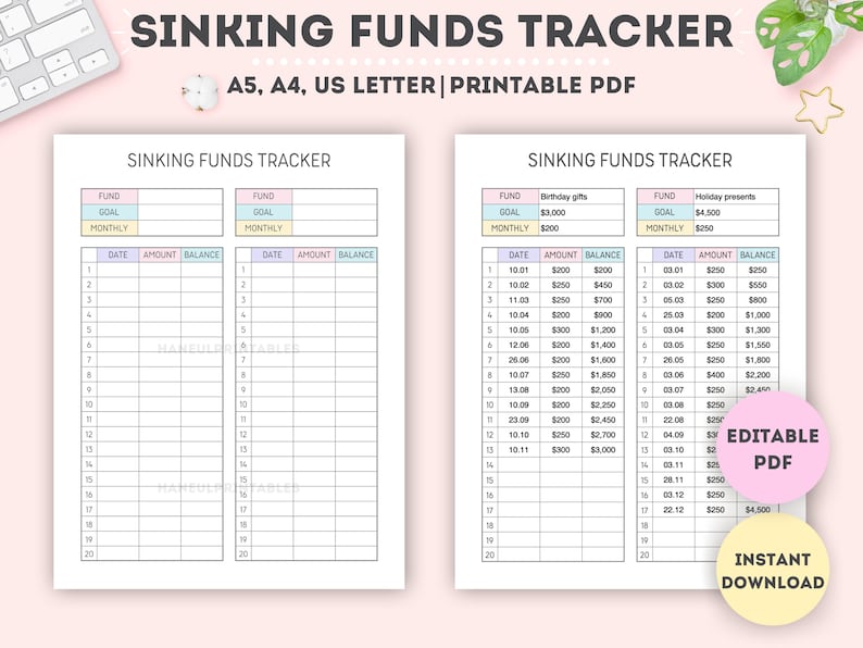 May include: Printable sinking funds tracker with two columns for tracking savings goals. Each column has a section for fund name, goal amount, monthly amount, and a table with 20 rows for tracking date, amount, and balance. The tracker is designed for A5, A4, and US Letter sizes.