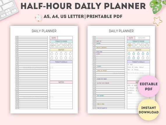Half-Hour Daily Planner: Fillable Productivity Printable (A4/A5/Letter)