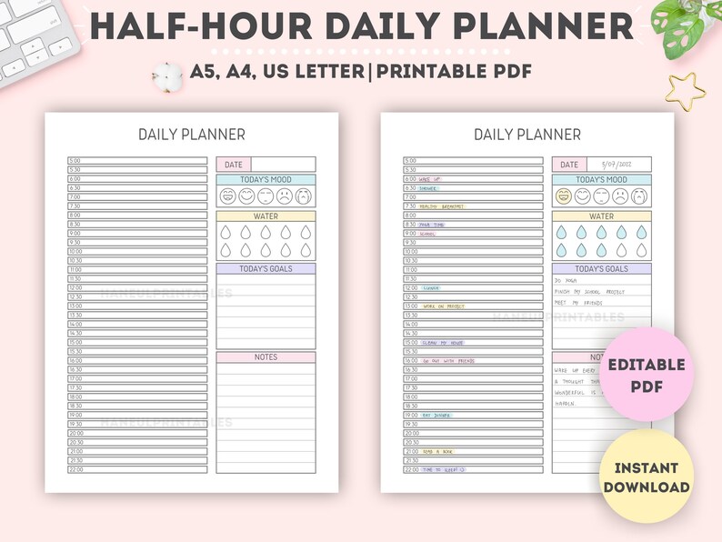 May include: Printable daily planner with half-hour time slots for each entry. The planner includes sections for daily goals, water intake, mood tracking, and notes. The planner is available in A5, A4, and US Letter sizes.