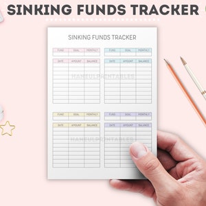 May include: A printable sinking funds tracker with four sections for tracking different funds. Each section has columns for fund name, goal, monthly amount, date, amount, and balance. The tracker is designed to help people save money for specific goals.